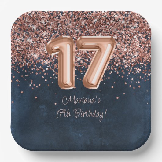 Roos Gold Navy Blue 17e verjaardagsfeestje Papieren Bordje (Voorkant)