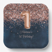 Roos Gold Navy Blue 1e verjaardagsfeestje Papieren Bordje (Voorkant)