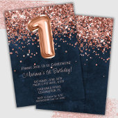 Roos Gold Navy Blue 1e Verjaardagsfeestuitnodiging Kaart
