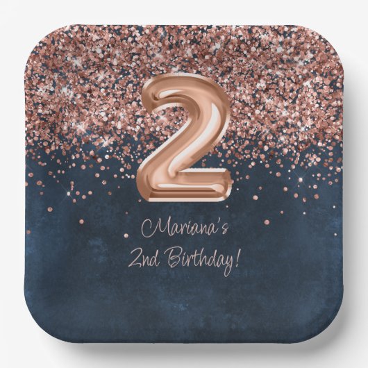 Roos Gold Navy Blue 2e verjaardagsfeestje Papieren Bordje (Voorkant)