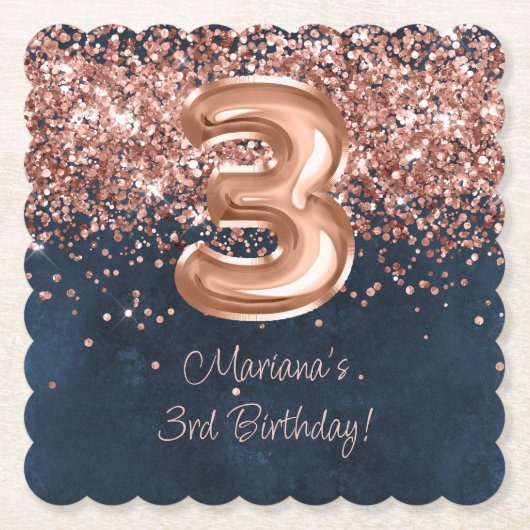 Roos Gold Navy Blue 3e verjaardagsfeestje Kartonnen Onderzetters (Voorkant)