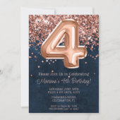 Roos Gold Navy Blue 4e Verjaardagsfeestuitnodiging Kaart (Voorkant)