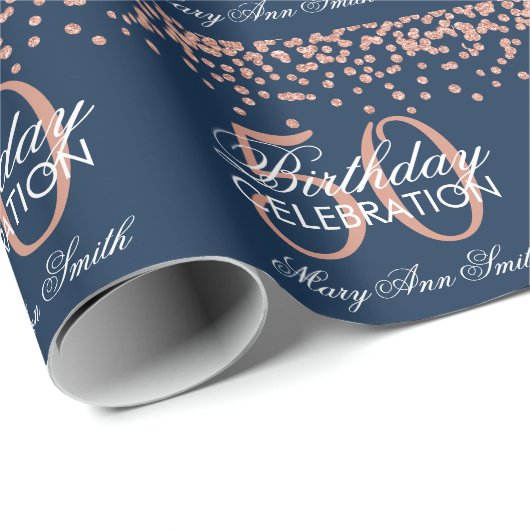 Roos Gold Navy Blue 50e verjaardag Glitter Confett Cadeaupapier (Rol Hoek)