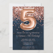 Roos Gold Navy Blue 5e Verjaardagsfeestuitnodiging Kaart (Voorkant)
