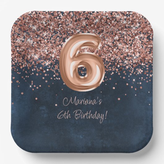Roos Gold Navy Blue 6e verjaardagsfeestje Papieren Bordje (Voorkant)