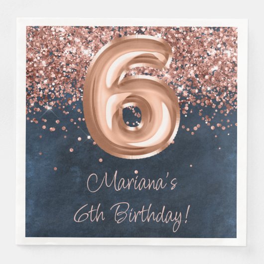 Roos Gold Navy Blue 6e verjaardagsfeestje Servet (Voorkant)