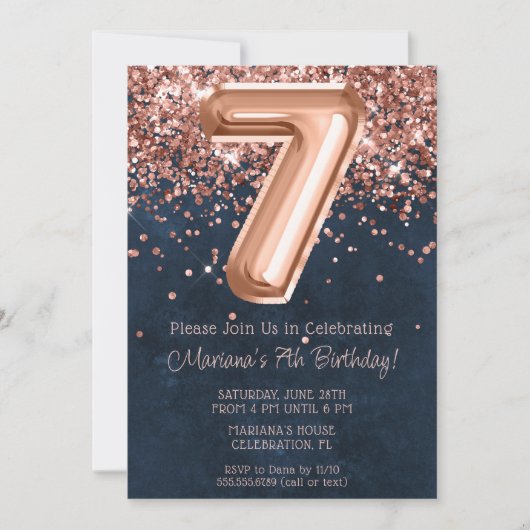 Roos Gold Navy Blue 7e Verjaardagsfeestuitnodiging Kaart (Voorkant)