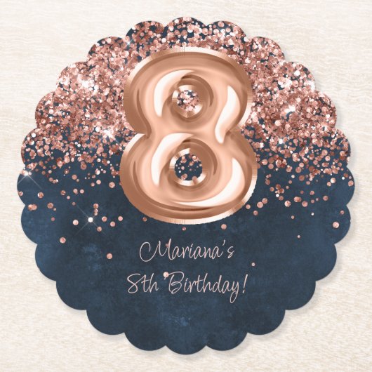 Roos Gold Navy Blue 8e verjaardagsfeestje Kartonnen Onderzetters (Voorkant)