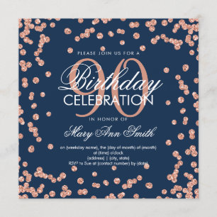 Roos Gold Navy Blue 90th Birthday Glitter Confetti Kaart