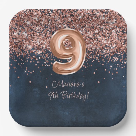 Roos Gold Navy Blue 9e verjaardagsfeestje Papieren Bordje (Voorkant)