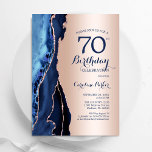 Roos Gold Navy Blue Agaat 70ste verjaardag Kaart<br><div class="desc">Marineblauw en roos gouden agaat 70ste verjaardagsfeestuitnodiging. Elegant modern ontwerp met een koningsblauwe waterverf agaat marmeren geode achtergrond,  faux glitter roos goud en typografie script lettertype. Trendy uitnodigingskaart perfect voor een stijlvol vrouwenfeest. Gedrukte Zazzle-uitnodigingen of direct download digitale afdrukbare sjabloon.</div>