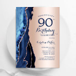 Roos Gold Navy Blue Agaat 90ste verjaardag Kaart<br><div class="desc">Navy blauw en roos gouden agaat 90ste verjaardagsfeestuitnodiging. Elegant modern ontwerp met een koningsblauwe waterverf agaat marmeren geode achtergrond,  faux glitter roos goud en typografie script lettertype. Trendy uitnodigingskaart perfect voor een stijlvol vrouwenfeest. Gedrukte Zazzle-uitnodigingen of direct download digitale afdrukbare sjabloon.</div>