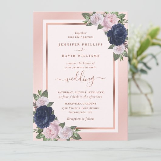 Roos Gold Navy Blue Blush Floral Wedding Kaart (Staand voorkant)