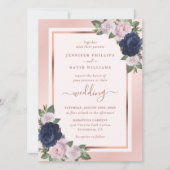 Roos Gold Navy Blue Blush Floral Wedding Kaart (Voorkant)