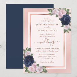 Roos Gold Navy Blue Blush Floral Wedding Kaart