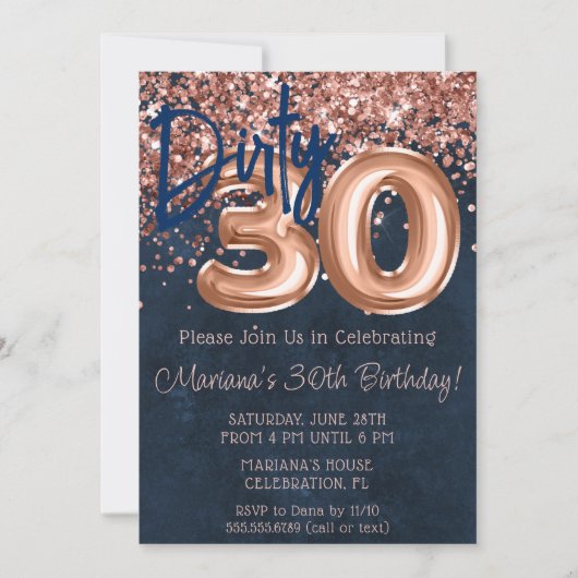 Roos Gold Navy Blue Dirty 30 Thirty Birthday Party Kaart (Voorkant)