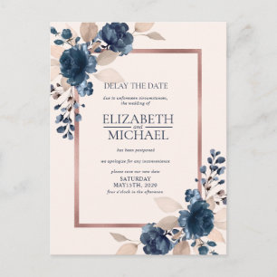 Roos Gold Navy Blue Dusty Pink Floral Delay Date Briefkaart