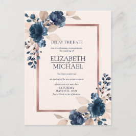 Roos Gold Navy Blue Dusty Pink Floral Delay Date Briefkaart