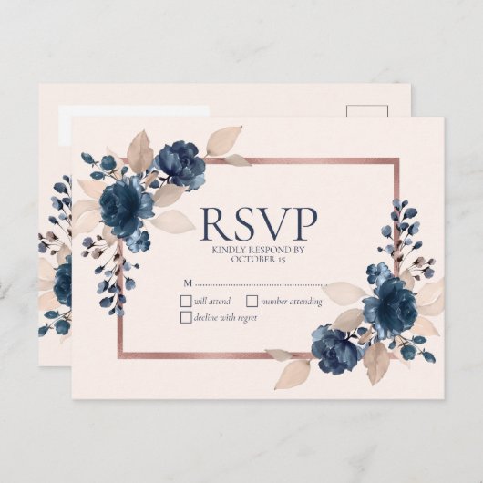 Roos Gold Navy Blue Dusty Pink Floral No Menu RSVP (Voorkant / Achterkant)