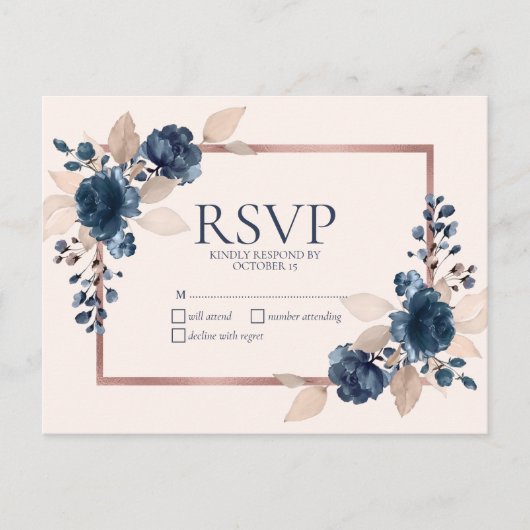 Roos Gold Navy Blue Dusty Pink Floral No Menu RSVP (Voorkant)