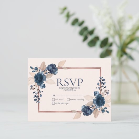Roos Gold Navy Blue Dusty Pink Floral No Menu RSVP (Staand voorkant)