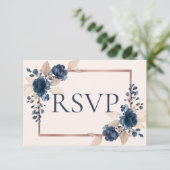 Roos Gold Navy Blue Dusty Pink Floral No Menu RSVP (Staand voorkant)