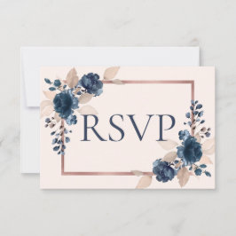 Roos Gold Navy Blue Dusty Pink Floral Weddenschap  RSVP Kaartje
