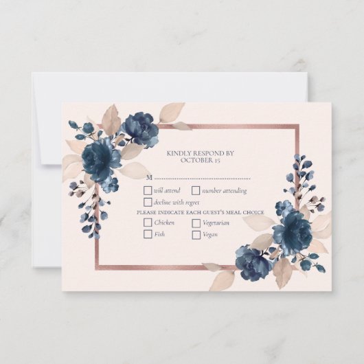 Roos Gold Navy Blue Dusty Pink Floral Weddenschap  RSVP Kaartje (Achterkant)