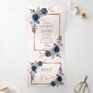 Roos Gold Navy Blue Dusty Pink Floral Wedding Drieluik Uitnodiging