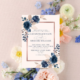 Roos Gold Navy Blue Dusty Pink Floral Wedding Invi Kaart