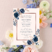 Roos Gold Navy Blue Dusty Pink Floral Wedding Kaart