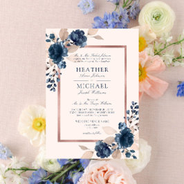 Roos Gold Navy Blue Dusty Pink Floral Wedding Kaart