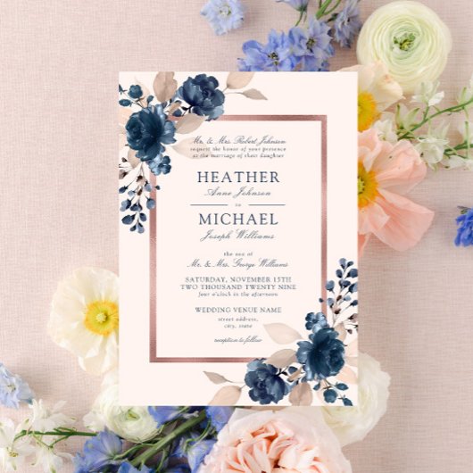 Roos Gold Navy Blue Dusty Pink Floral Wedding Kaart