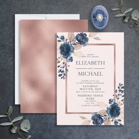 Roos Gold Navy Blue Dusty Pink Floral Wedding Kaart