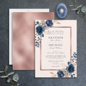 Roos Gold Navy Blue Dusty Pink Floral Wedding Kaart