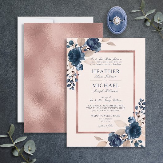 Roos Gold Navy Blue Dusty Pink Floral Wedding Kaart