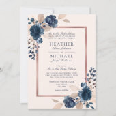 Roos Gold Navy Blue Dusty Pink Floral Wedding Kaart (Voorkant)