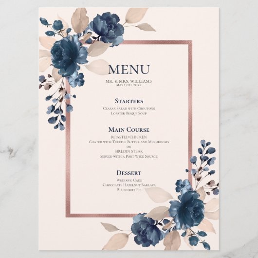 Roos Gold Navy Blue Dusty Pink Floral Wedding Menu (Voorkant)