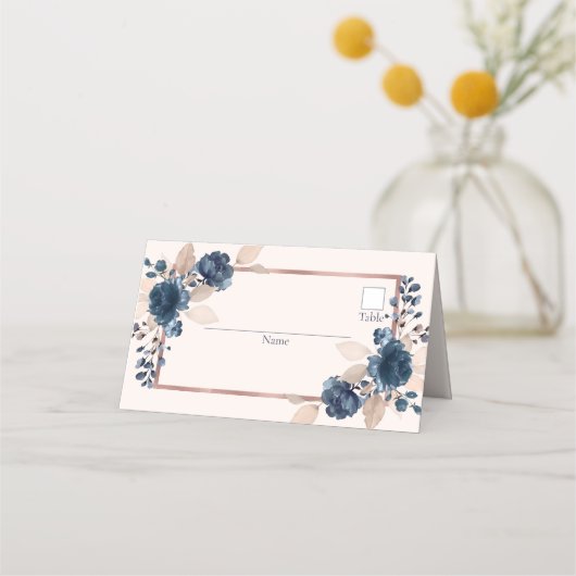 Roos Gold Navy Blue Dusty Pink Floral Wedding Plaatskaartje (Voorkant)
