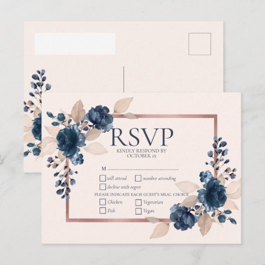 Roos Gold Navy Blue Dusty Pink Floral Wedding RSVP Uitnodiging Briefkaart (Voorkant / Achterkant)