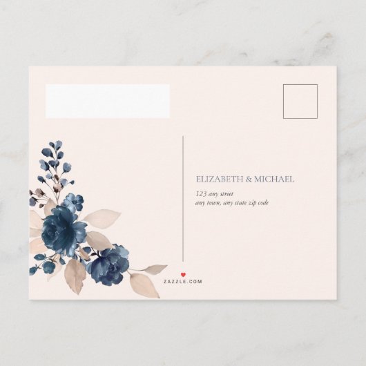 Roos Gold Navy Blue Dusty Pink Floral Wedding RSVP Uitnodiging Briefkaart (Achterkant)