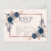 Roos Gold Navy Blue Dusty Pink Floral Wedding RSVP Uitnodiging Briefkaart (Voorkant)