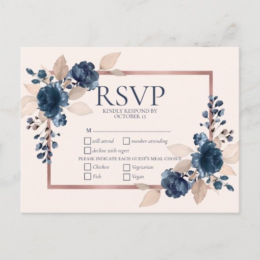 Roos Gold Navy Blue Dusty Pink Floral Wedding RSVP Uitnodiging Briefkaart (Voorkant)