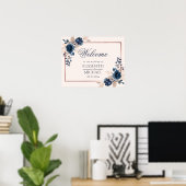Roos Gold Navy Blue Dusty Pink Floral Welkom Poster (Thuiskantoor)