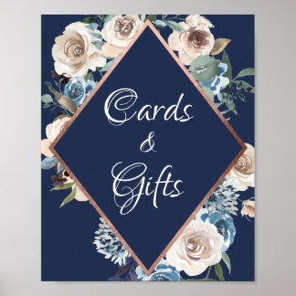 Roos Gold Navy Blue Floral Kaarten en cadeaubonzen Poster