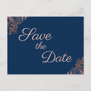 Roos Gold Navy Blue Floral Save the Date Aankondigingskaart