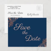 Roos Gold Navy Blue Floral Save the Date Aankondigingskaart (Voorkant / Achterkant)