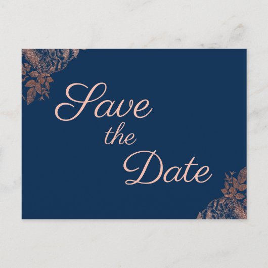 Roos Gold Navy Blue Floral Save the Date Aankondigingskaart (Voorkant)