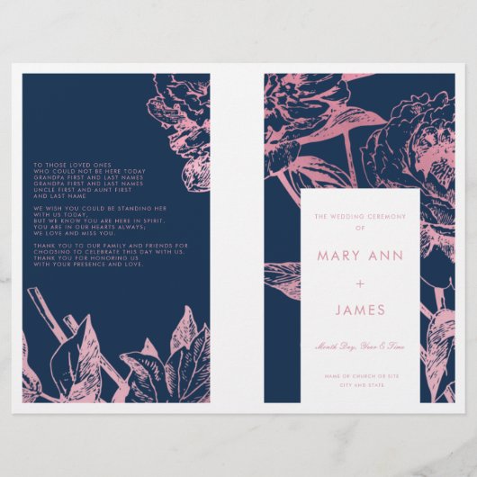Roos Gold Navy Blue Floral Wedding Programme (Voorkant)