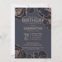 Roos Gold Navy Blue Flowers Birthday Party Kaart